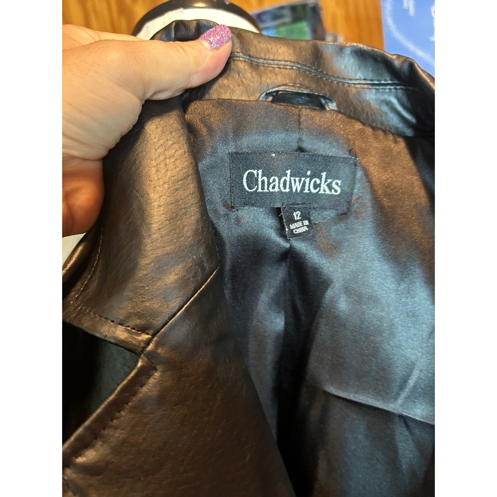 Chadwicks Womens Black Leather Trench Coat Jacket Size 12 Mid Length Buttons - Picture 7 of 8